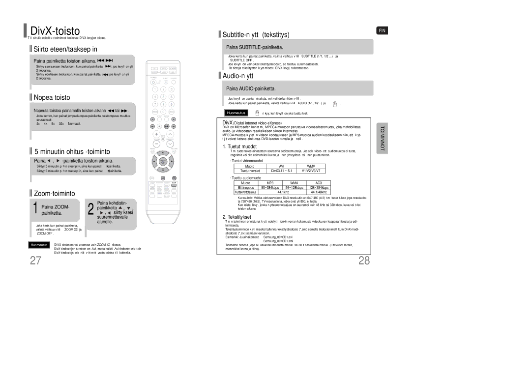 Samsung HT-XQ100WR/ELS, HT-XQ100R/ELS, HT-Q100WR/ELS, HT-Q100R/ELS, HT-Q100T/XEE, HT-XQ100T/XEE manual DivX-toisto 