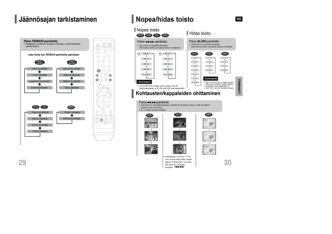 Samsung HT-Q100T/XEE, HT-Q100R/ELS Nopea/hidas toisto, Nopea toisto Hidas toisto, Paina REMAIN-painiketta, SLOW-painiketta 