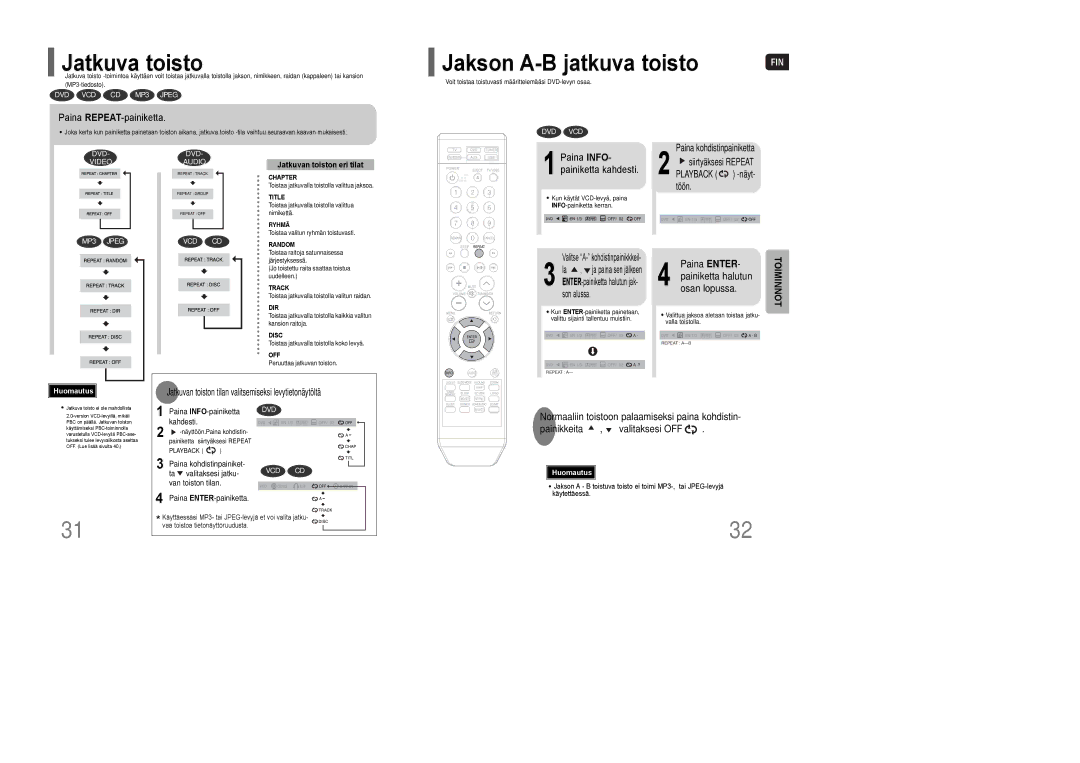 Samsung HT-XQ100T/XEE Jatkuva toisto, Jakson A-B jatkuva toisto, Paina REPEAT-painiketta, Paina INFO- painiketta kahdesti 