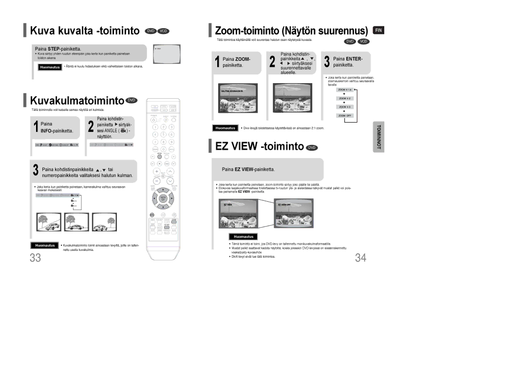 Samsung HT-XQ100R/ELS, HT-Q100WR/ELS manual Kuva kuvalta -toiminto DVD VCD, Kuvakulmatoiminto DVD, EZ View -toiminto DVD 