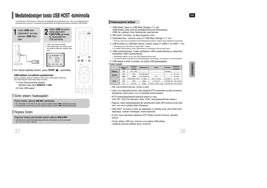 Samsung HT-Q100R/ELS, HT-XQ100R/ELS, HT-Q100WR/ELS manual Siirto eteen-/taaksepäin, USB-laitteen turvallinen poistaminen 