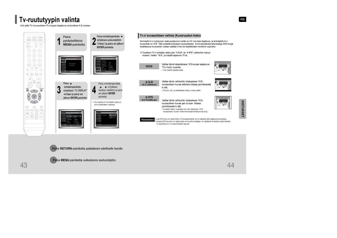 Samsung HT-XQ100T/XEE, HT-XQ100R/ELS, HT-Q100WR/ELS, HT-Q100R/ELS manual Tvn kuvasuhteen valinta Kuvaruudun koko, 43LB, 43PS 