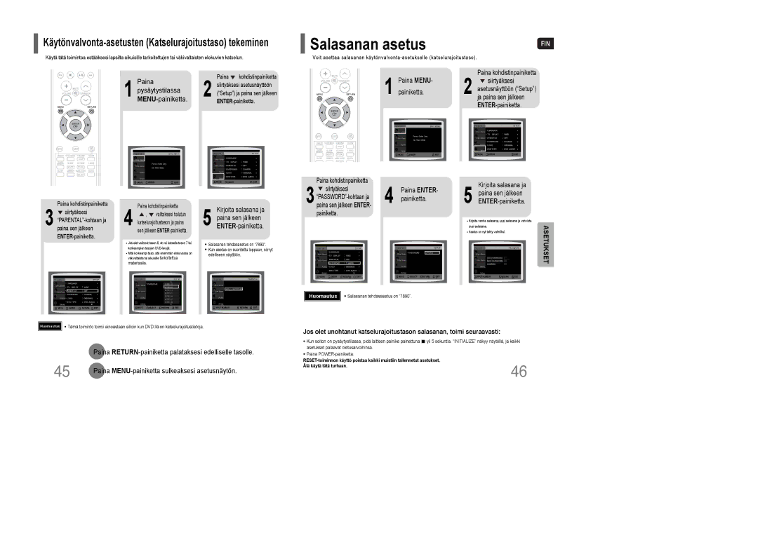 Samsung HT-XQ100R/ELS, HT-Q100WR/ELS manual Paina MENU- painiketta, Paina Enter, Kirjoita salasana ja Paina sen jälkeen 