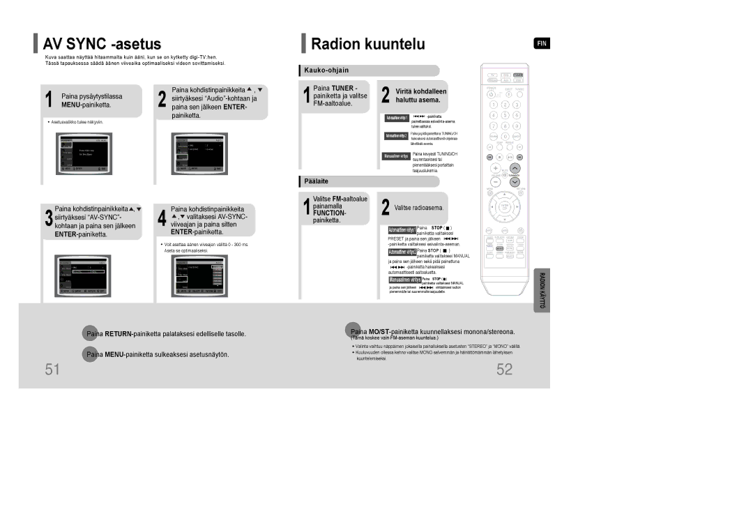 Samsung HT-XQ100WR/ELS, HT-XQ100R/ELS, HT-Q100WR/ELS, HT-Q100R/ELS, HT-Q100T/XEE manual AV Sync -asetus, Radion kuuntelu 