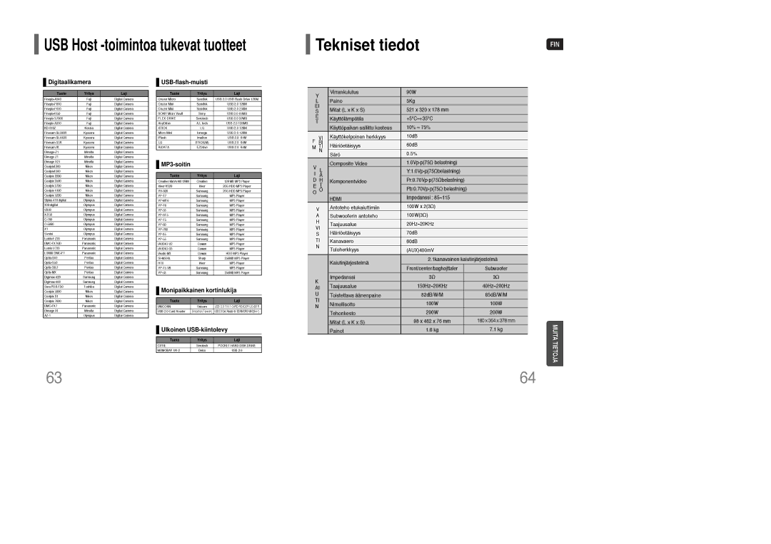 Samsung HT-XQ100WR/ELS, HT-XQ100R/ELS, HT-Q100WR/ELS, HT-Q100R/ELS, HT-Q100T/XEE manual Tekniset tiedot, Digitaalikamera 