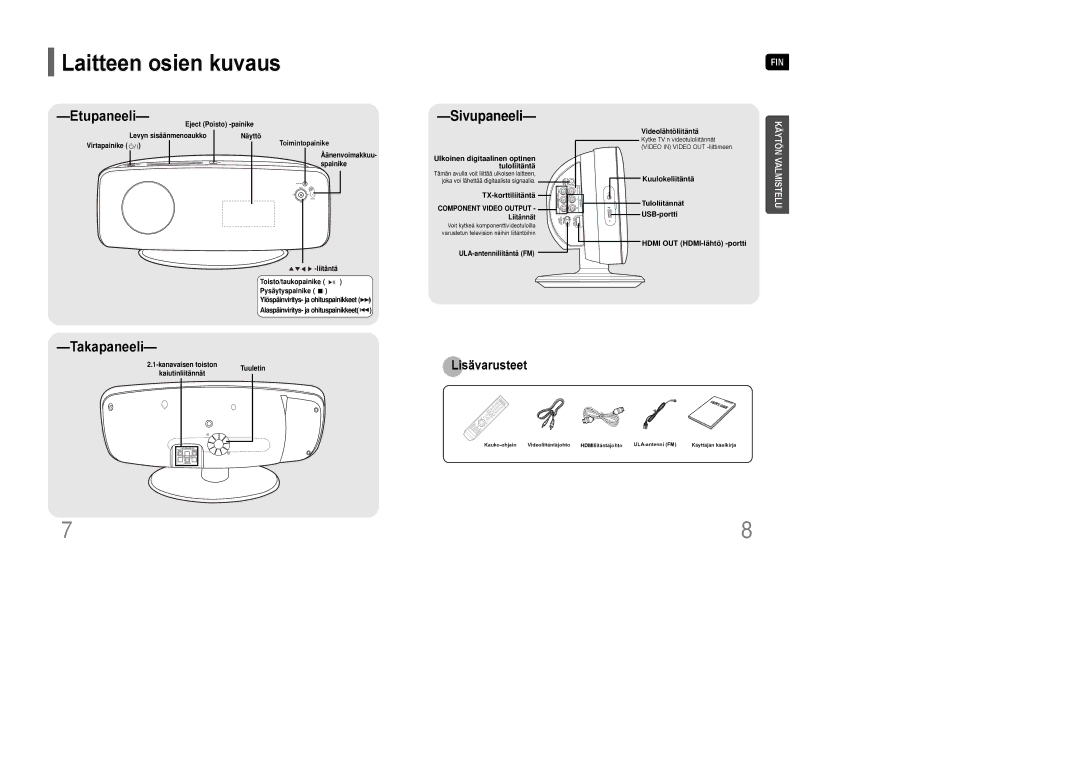 Samsung HT-XQ100T/XEE, HT-XQ100R/ELS, HT-Q100WR/ELS, HT-Q100R/ELS manual Laitteen osien kuvaus, Etupaneeli--Sivupaneeli 