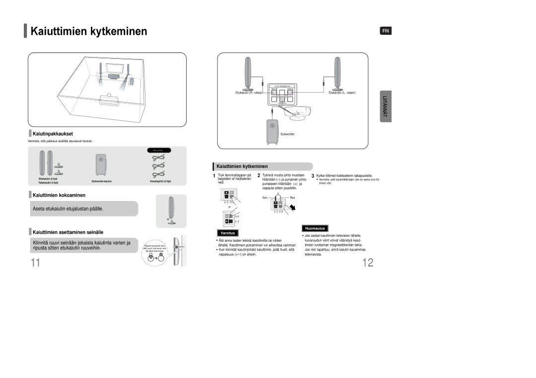 Samsung HT-Q100WR/ELS Kaiuttimien kytkeminen, Kaiutinpakkaukset, Kaiuttimien kokoaminen, Kaiuttimien asettaminen seinälle 