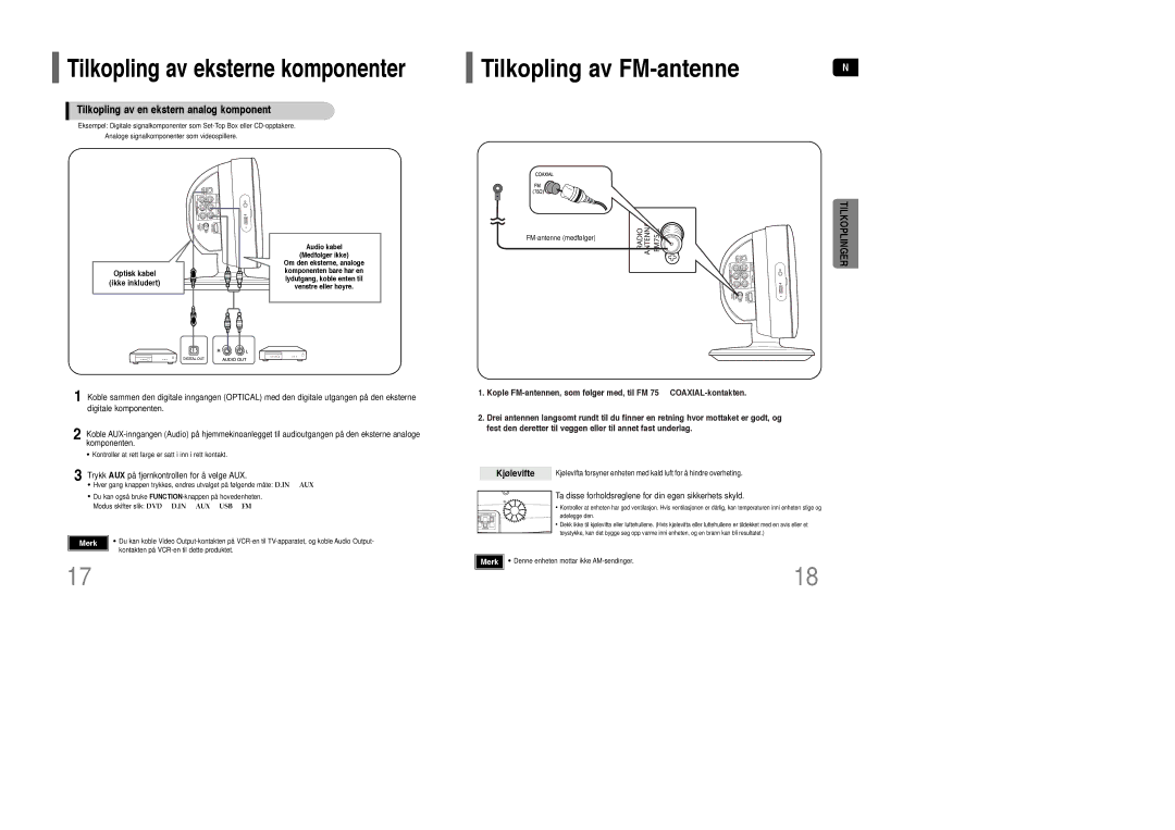 Samsung HT-Q100T/XEE manual Tilkopling av en ekstern analog komponent, Kjølevifte, Kontakten på VCR-en til dette produktet 