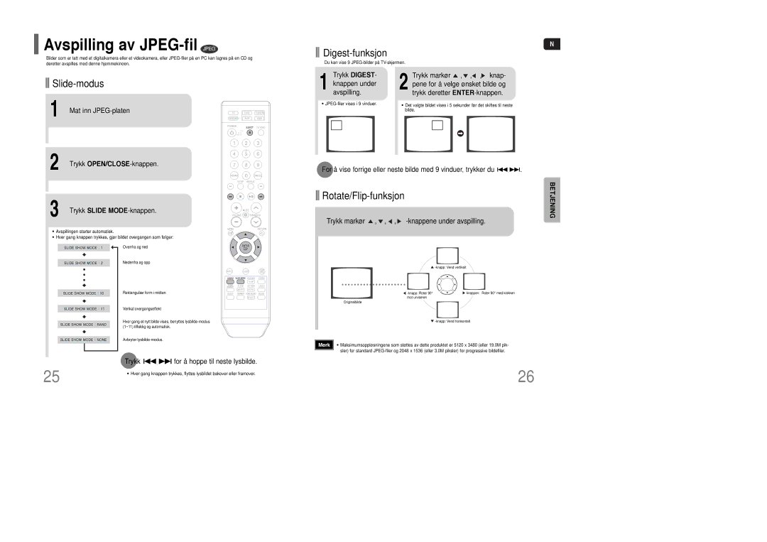 Samsung HT-Q100R/ELS, HT-XQ100R/ELS manual Avspilling av JPEG-fil Jpeg, Digest-funksjon, Slide-modus, Rotate/Flip-funksjon 