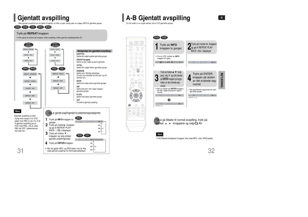 Samsung HT-XQ100T/XEE, HT-XQ100R/ELS, HT-Q100WR/ELS, HT-Q100R/ELS, HT-XQ100WR/ELS, HT-Q100T/XEE manual Gjentatt avspilling 