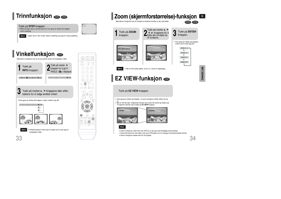 Samsung HT-XQ100R/ELS, HT-Q100WR/ELS, HT-Q100R/ELS manual Trinnfunksjon DVD VCD, Vinkelfunksjon DVD, EZ VIEW-funksjon DVD 