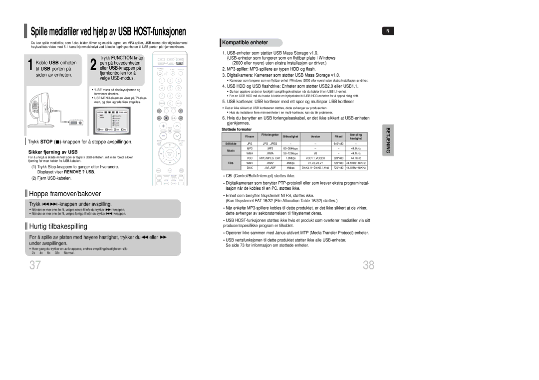 Samsung HT-Q100R/ELS, HT-XQ100R/ELS, HT-Q100WR/ELS Hoppe framover/bakover, Hurtig tilbakespilling, Sikker fjerning av USB 