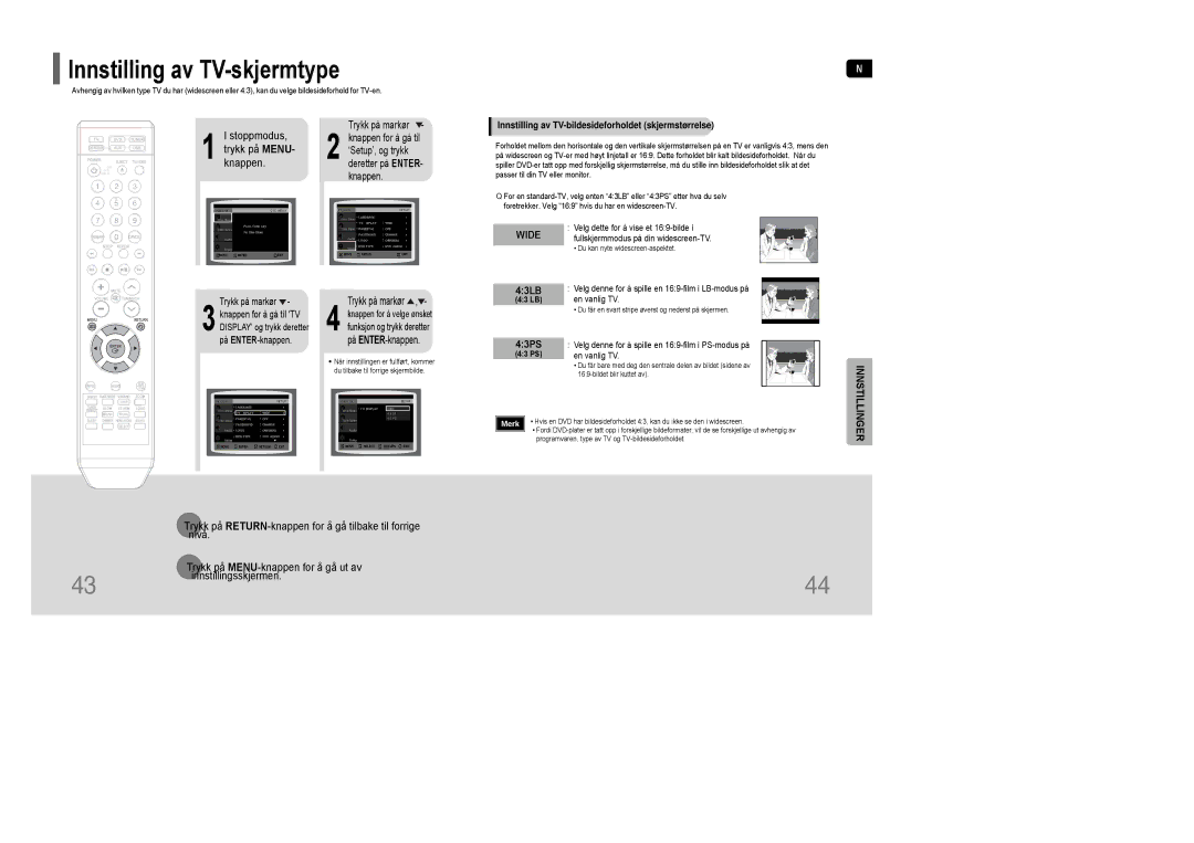 Samsung HT-XQ100T/XEE, HT-XQ100R/ELS Innstilling av TV-skjermtype, Innstilling av TV-bildesideforholdet skjermstørrelse 