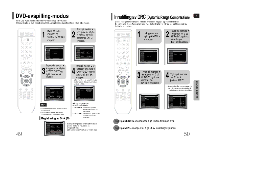 Samsung HT-Q100R/ELS manual Trykk på Eject Knappen og deretter på MENU- knappen, Trykk på markør , for å Justere ‘DRC’ 