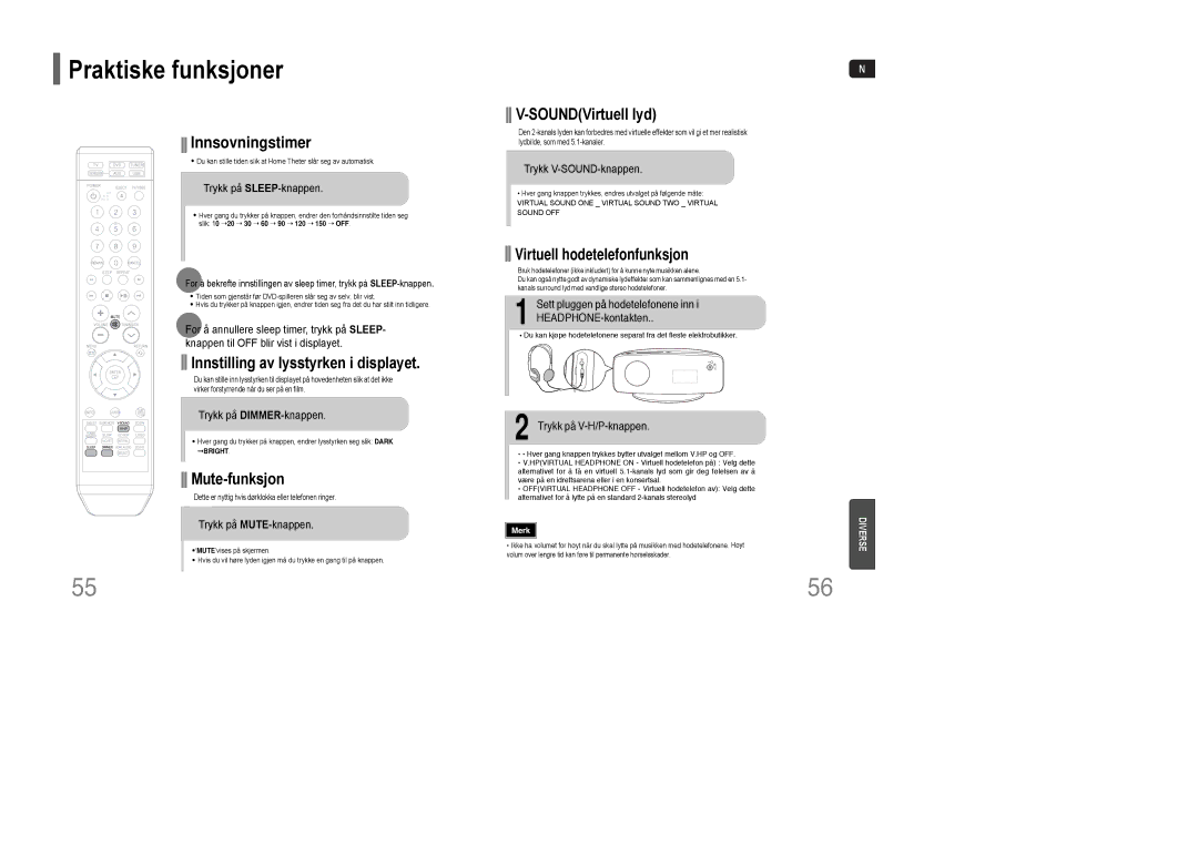 Samsung HT-XQ100T/XEE manual Trykk på SLEEP-knappen, Trykk på DIMMER-knappen, Trykk på MUTE-knappen, Trykk V-SOUND-knappen 