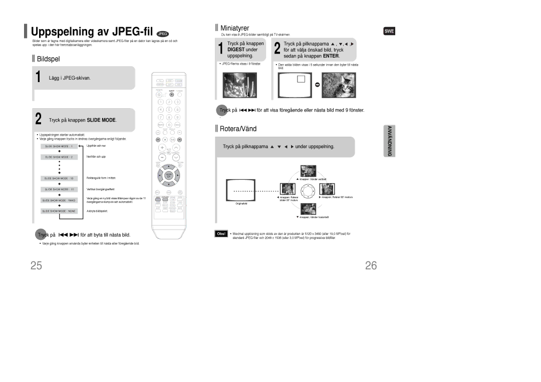 Samsung HT-Q100R/ELS manual Uppspelning av JPEG-fil Jpeg, Miniatyrer, Bildspel, Rotera/Vänd, Digest under uppspelning 