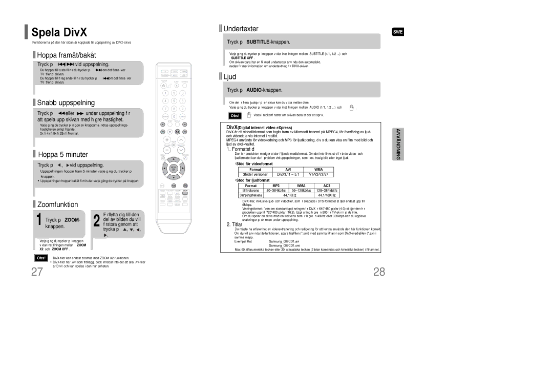 Samsung HT-XQ100WR/ELS, HT-XQ100R/ELS, HT-Q100WR/ELS, HT-Q100R/ELS, HT-Q100T/XEE, HT-XQ100T/XEE manual Spela DivX 