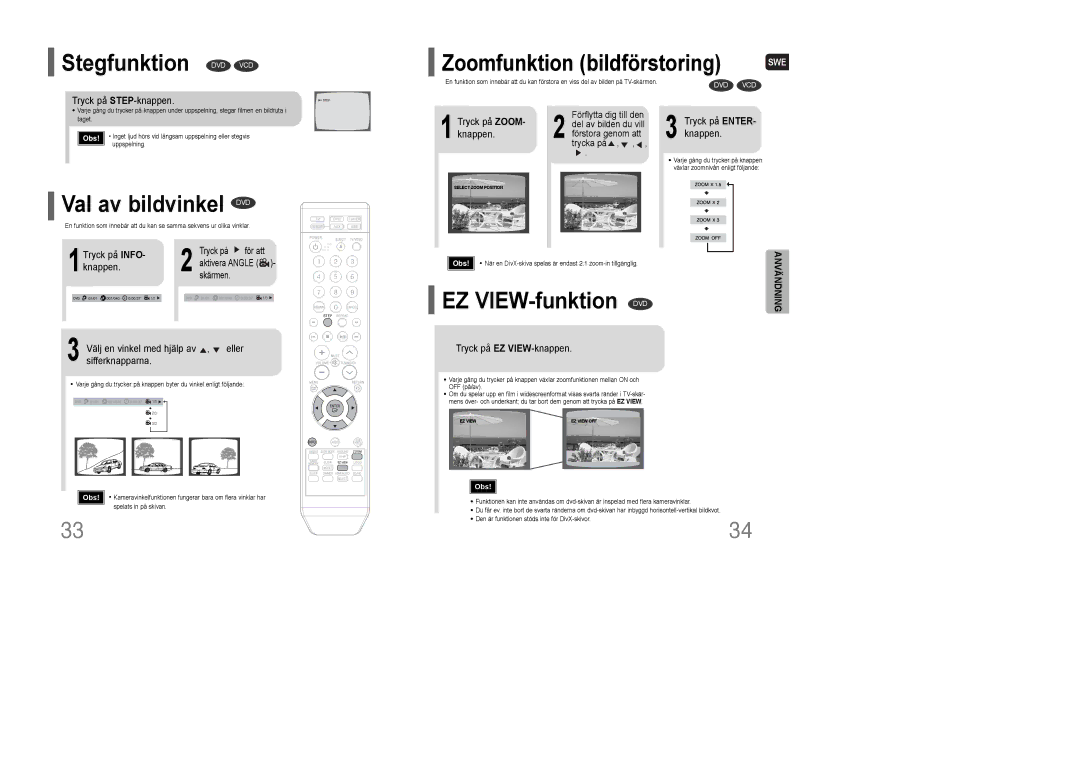 Samsung HT-XQ100R/ELS manual Stegfunktion DVD VCD, Val av bildvinkel DVD, EZ VIEW-funktion DVD, Zoomfunktion bildförstoring 