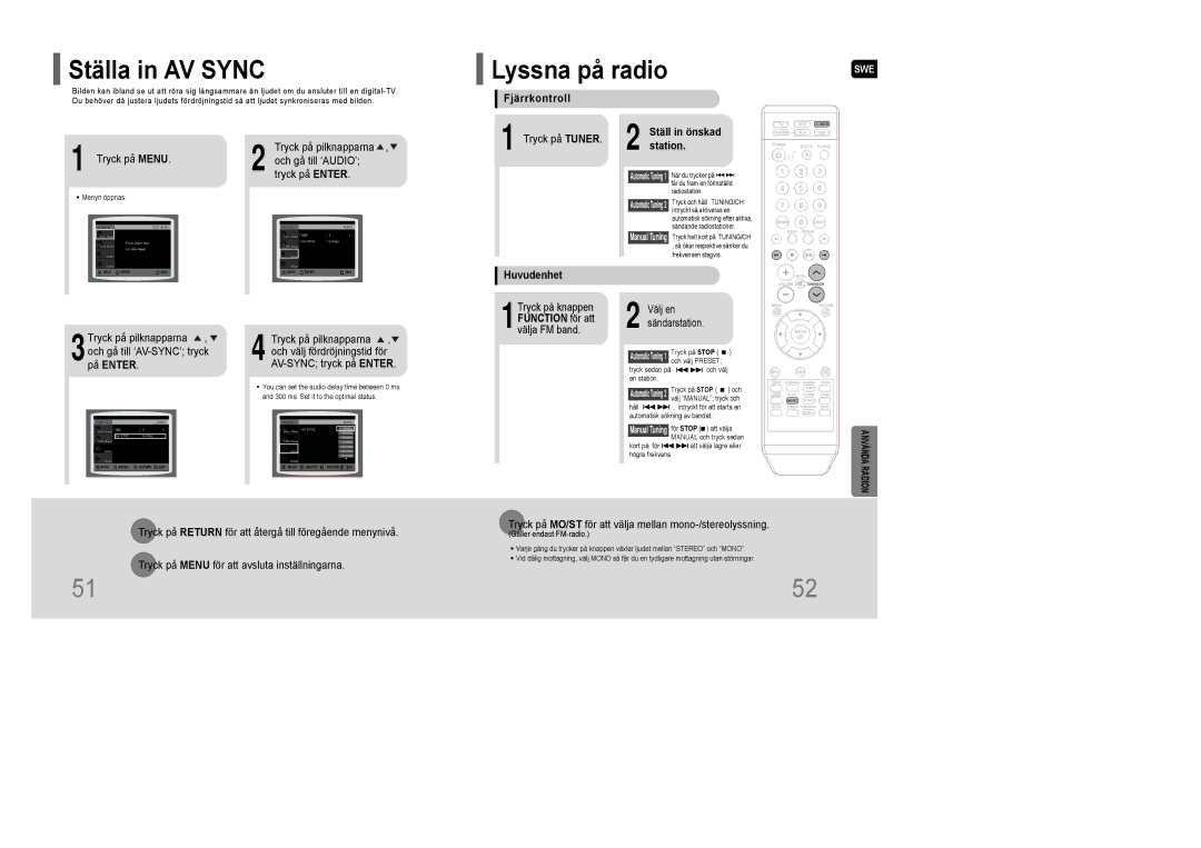 Samsung HT-XQ100WR/ELS, HT-XQ100R/ELS, HT-Q100WR/ELS, HT-Q100R/ELS, HT-Q100T/XEE manual Ställa in AV Sync, Lyssna på radio 