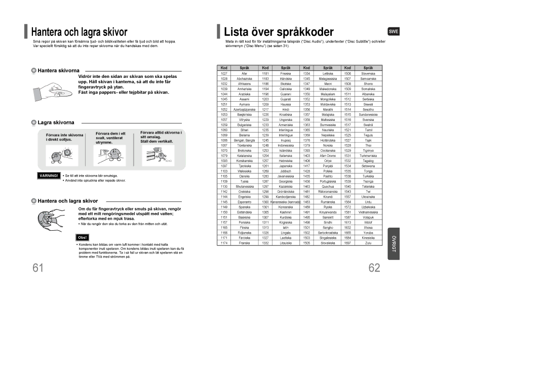 Samsung HT-Q100R/ELS, HT-XQ100R/ELS, HT-Q100WR/ELS, HT-XQ100WR/ELS, HT-Q100T/XEE, HT-XQ100T/XEE manual Lista över språkkoder 