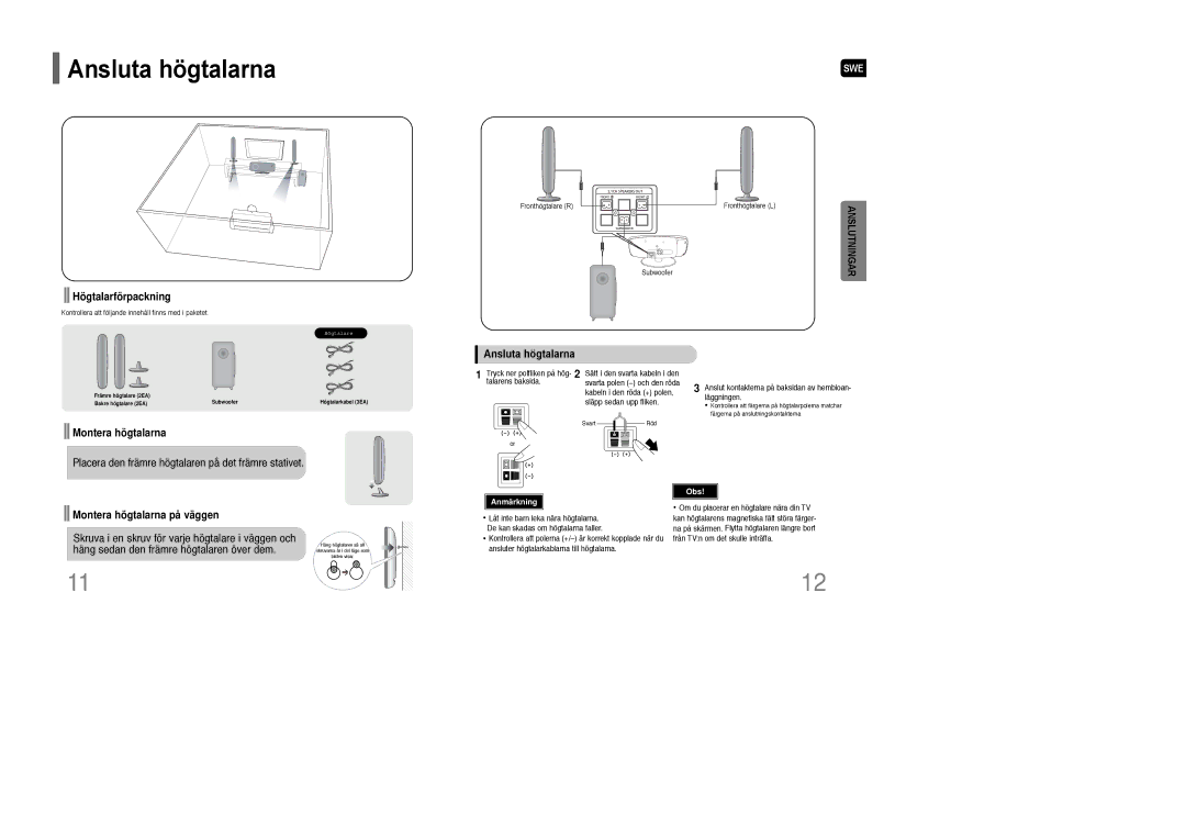 Samsung HT-Q100WR/ELS, HT-XQ100R/ELS manual Ansluta högtalarna, Högtalarförpackning, Montera högtalarna på väggen 