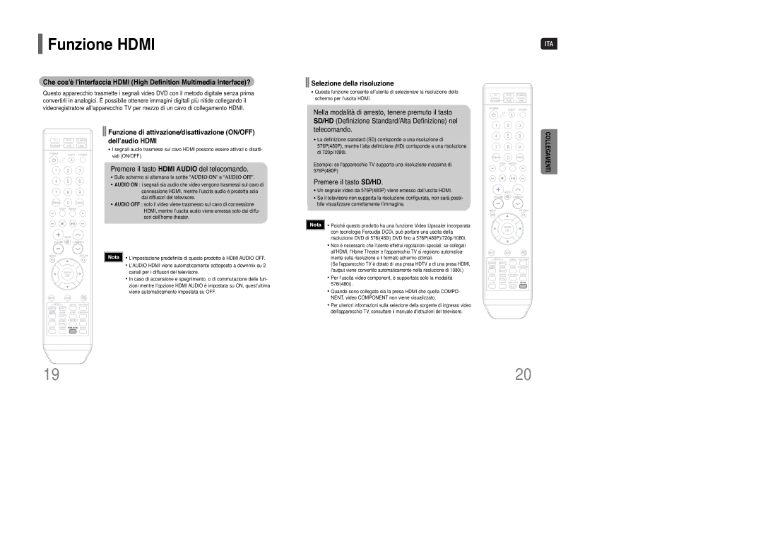 Samsung HT-XQ100T/XET manual Funzione Hdmi, Premere il tasto Hdmi Audio del telecomando, Selezione della risoluzione 