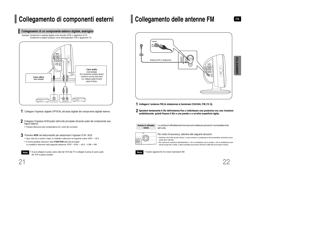 Samsung HT-XQ100R/ELS manual Collegamento di componenti esterni, Collegamento di un componente esterno digitale, analogico 