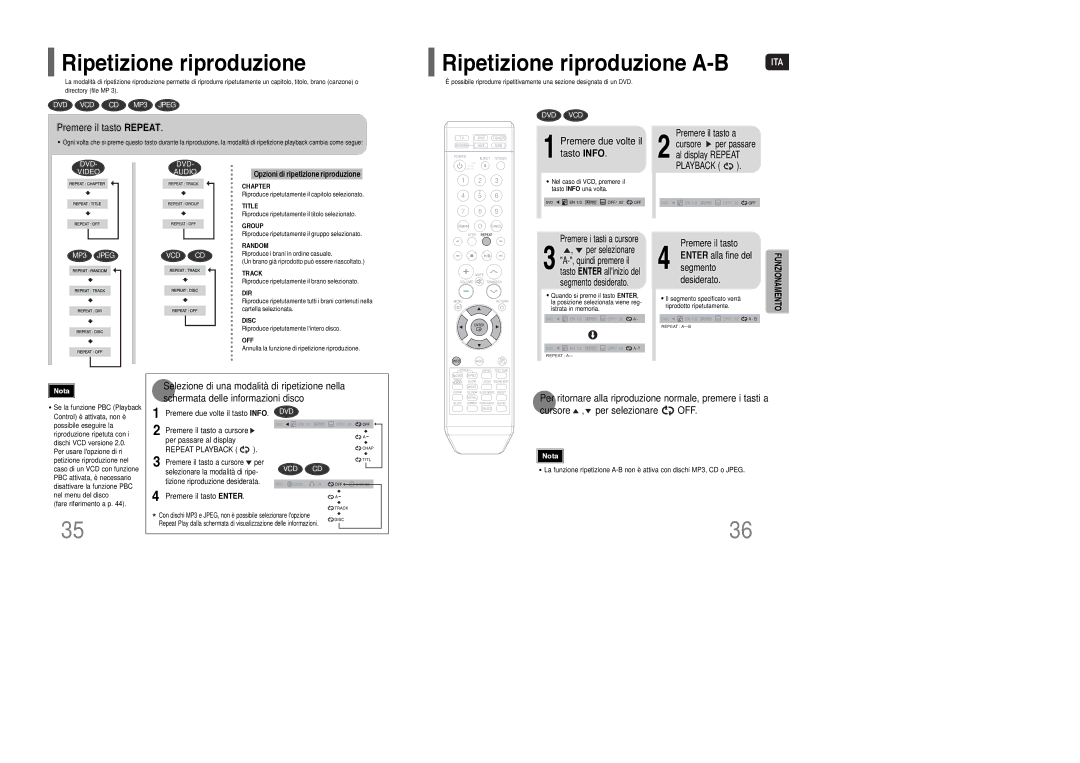 Samsung HT-TXQ100R/ELS manual Ripetizione riproduzione A-B, Premere il tasto Repeat, Premere due volte il tasto Info 