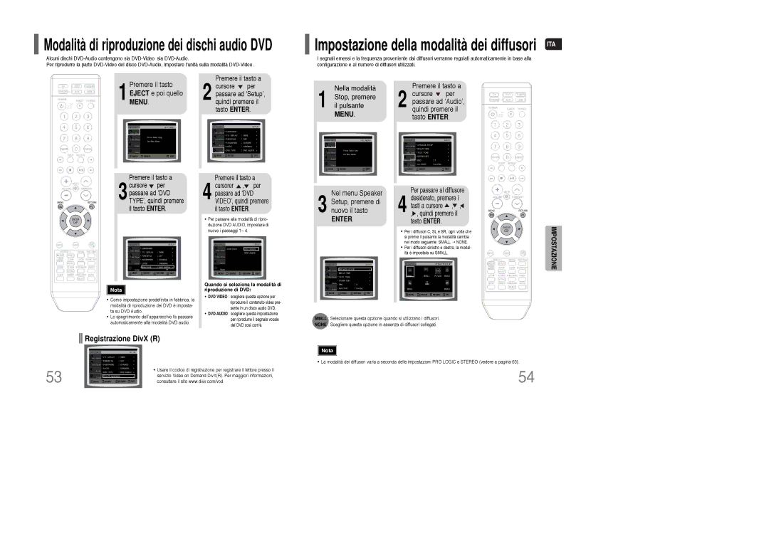 Samsung HT-TXQ100R/ELS Registrazione DivX R, Eject e poi quello Menu, Nel menu Speaker Setup, premere di nuovo il tasto 