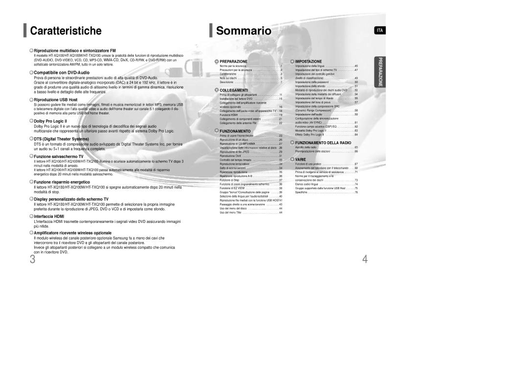 Samsung HT-XQ100R/ELS, HT-TXQ100R/ELS, HT-XQ100T/XET manual Caratteristiche 