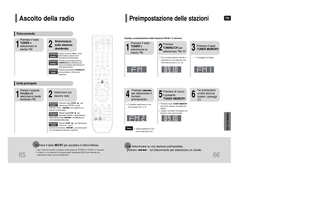 Samsung HT-TXQ100R/ELS, HT-XQ100R/ELS Ascolto della radio, Telecomando, Tuner e selezionare la, 2TUNING/CH per selezionare 