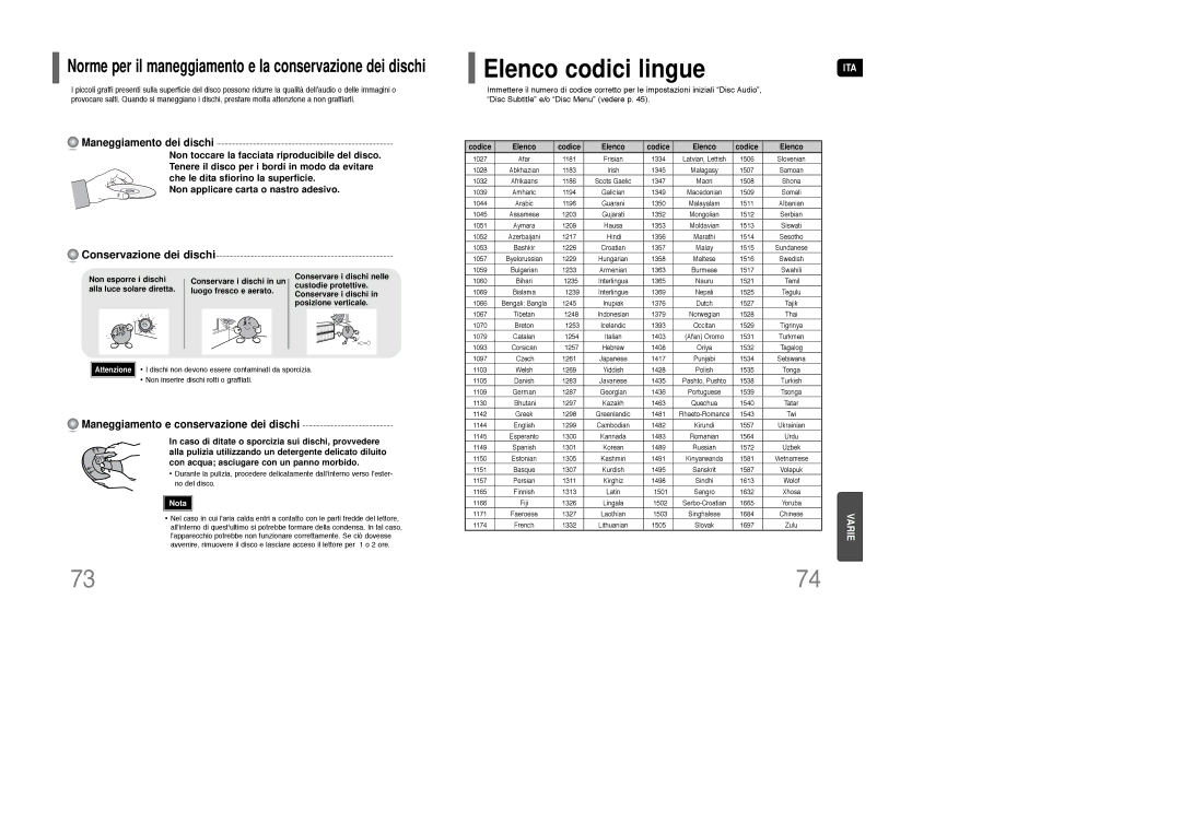 Samsung HT-XQ100T/XET manual Elenco codici lingue, Maneggiamento dei dischi, Maneggiamento e conservazione dei dischi 