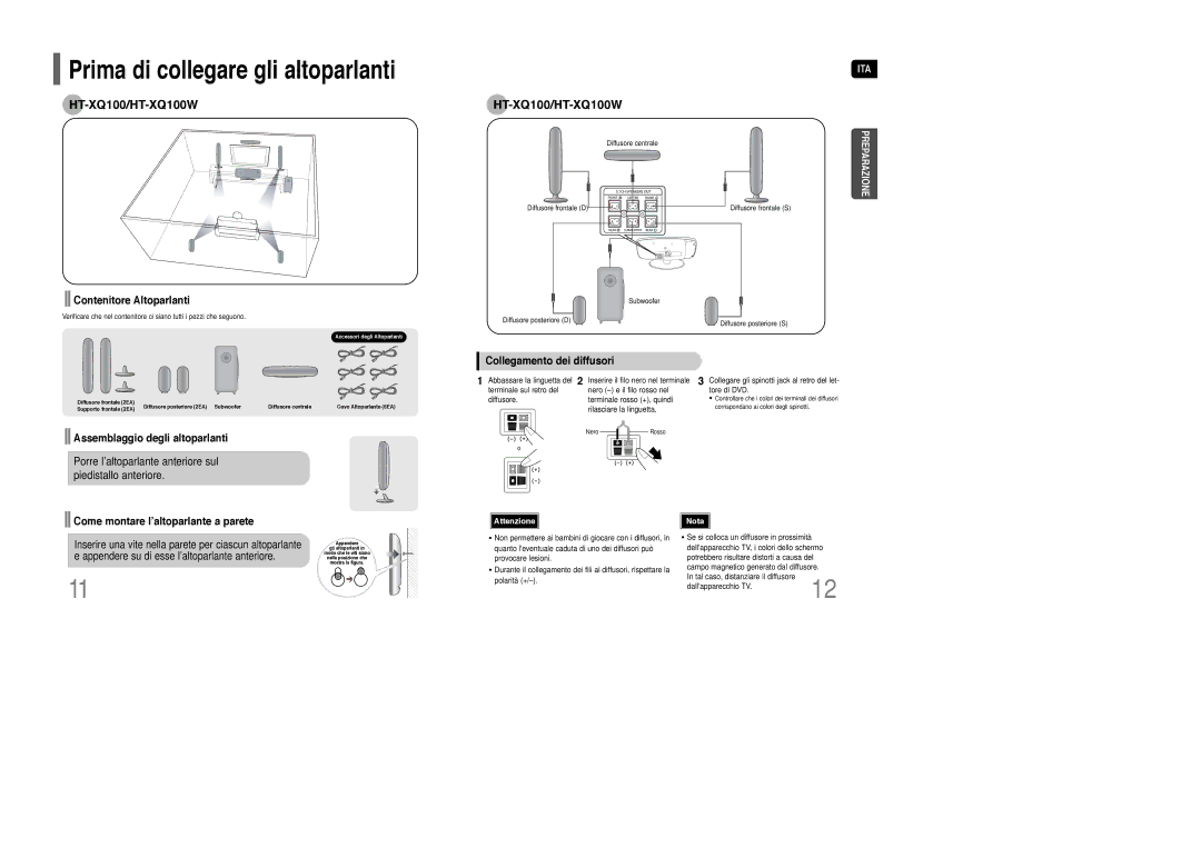 Samsung HT-TXQ100R/ELS manual Contenitore Altoparlanti, Collegamento dei diffusori, Assemblaggio degli altoparlanti 