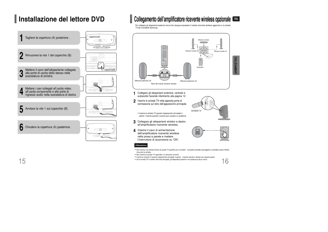 Samsung HT-XQ100R/ELS, HT-TXQ100R/ELS, HT-XQ100T/XET manual Installazione del lettore DVD, Collegamenti 