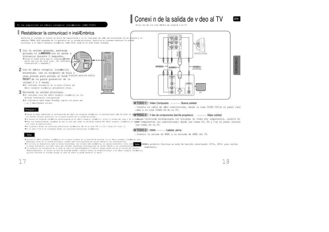 Samsung HT-XQ100T/OMX, HT-XQ100R/ELS Encienda la unidad principal, Método 1 Video Compuesto ............... Buena calidad 