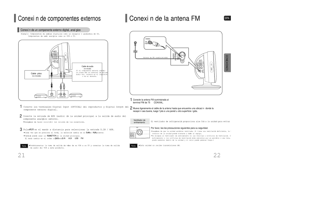 Samsung HT-XQ100R/ELS manual Conexión de un componente externo digital, analógico, Cable óptico, Ventilador de enfriamiento 