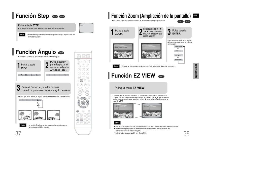 Samsung HT-XQ100T/XEC, HT-XQ100R/ELS, HT-XQ100T/OMX manual Función Step DVD VCD, Función Ángulo DVD, Función EZ View DVD 