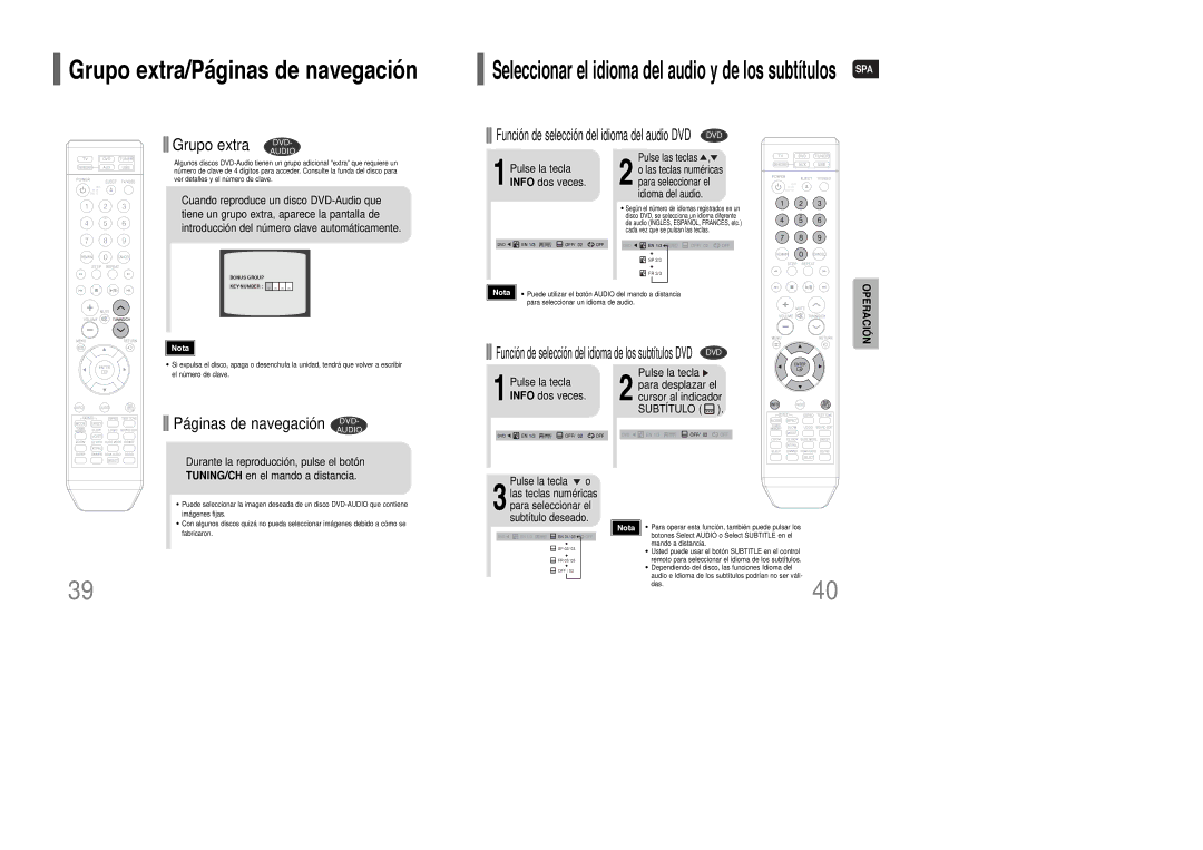 Samsung HT-XQ100R/ELS, HT-XQ100T/OMX manual Grupo extra DVD, Páginas de navegación DVD, 1Pulse la tecla Info dos veces 