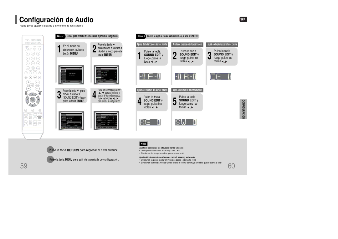 Samsung HT-XQ100T/OMX manual Configuración de Audio, Sound Edit y luego pulse la tecla, Sound Edit y luego pulse las teclas 