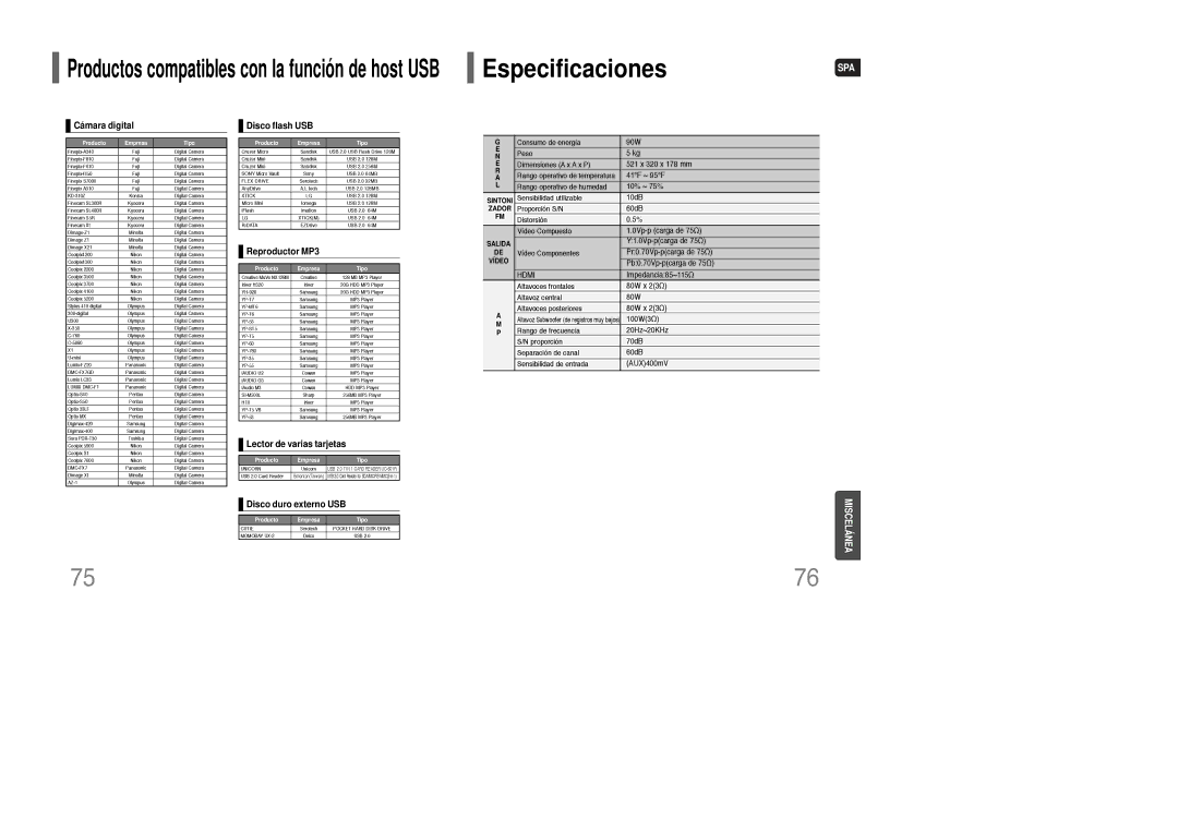 Samsung HT-XQ100R/ELS, HT-XQ100T/OMX, HT-XQ100T/XEC manual EspecificacionesSPA 