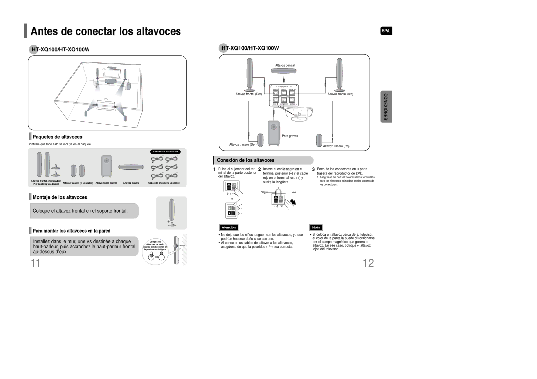 Samsung HT-XQ100T/OMX, HT-XQ100R/ELS manual Paquetes de altavoces, Conexión de los altavoces, Montaje de los altavoces 