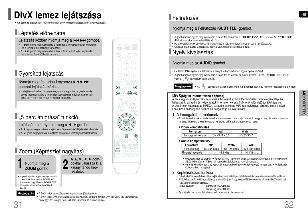 Samsung HT-XQ100T/XEF, HT-XQ100R/ELS, HT-TXQ100R/ELS, HT-XQ100T/XET, HT-XQ100T/XEC, HT-XQ100WR/ELS manual DivX lemez lejátszása 