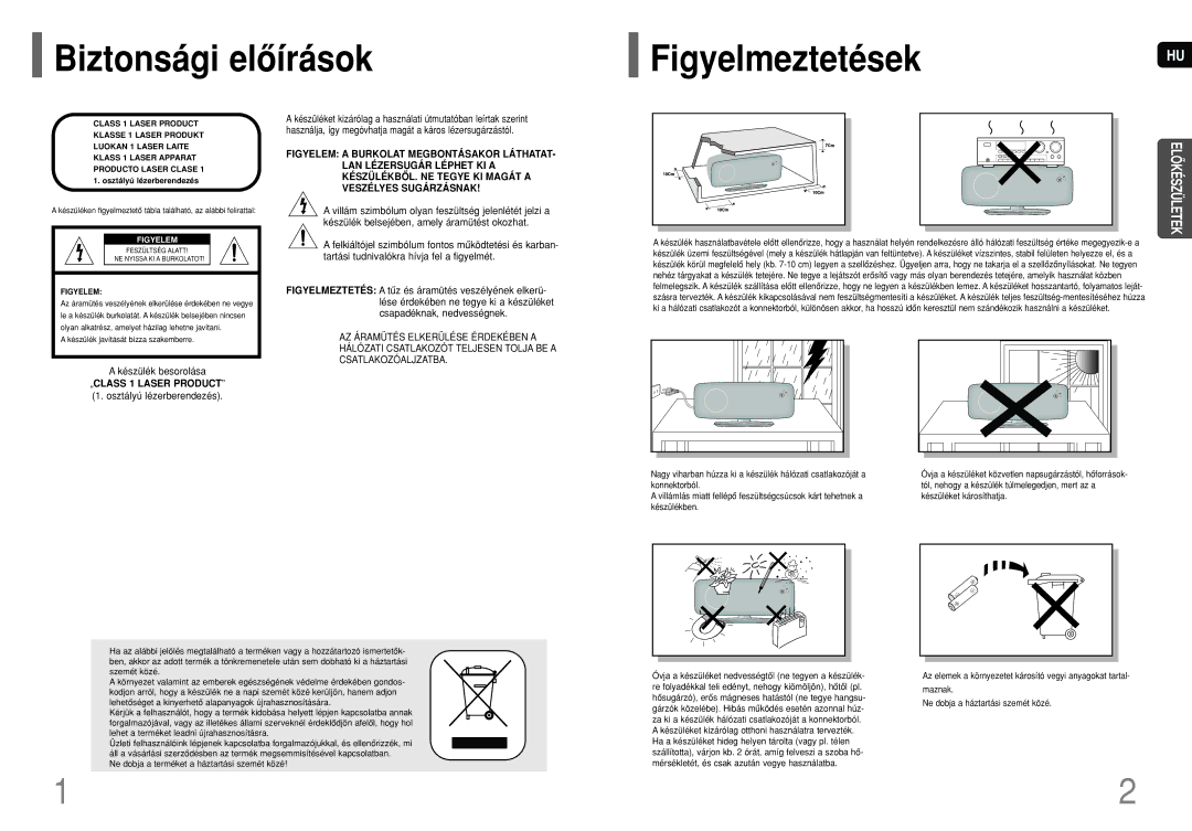 Samsung HT-TXQ100R/ELS, HT-XQ100R/ELS, HT-XQ100T/XEF, HT-XQ100T/XET manual Biztonsági elôírások FigyelmeztetésekHU, Figyelem 