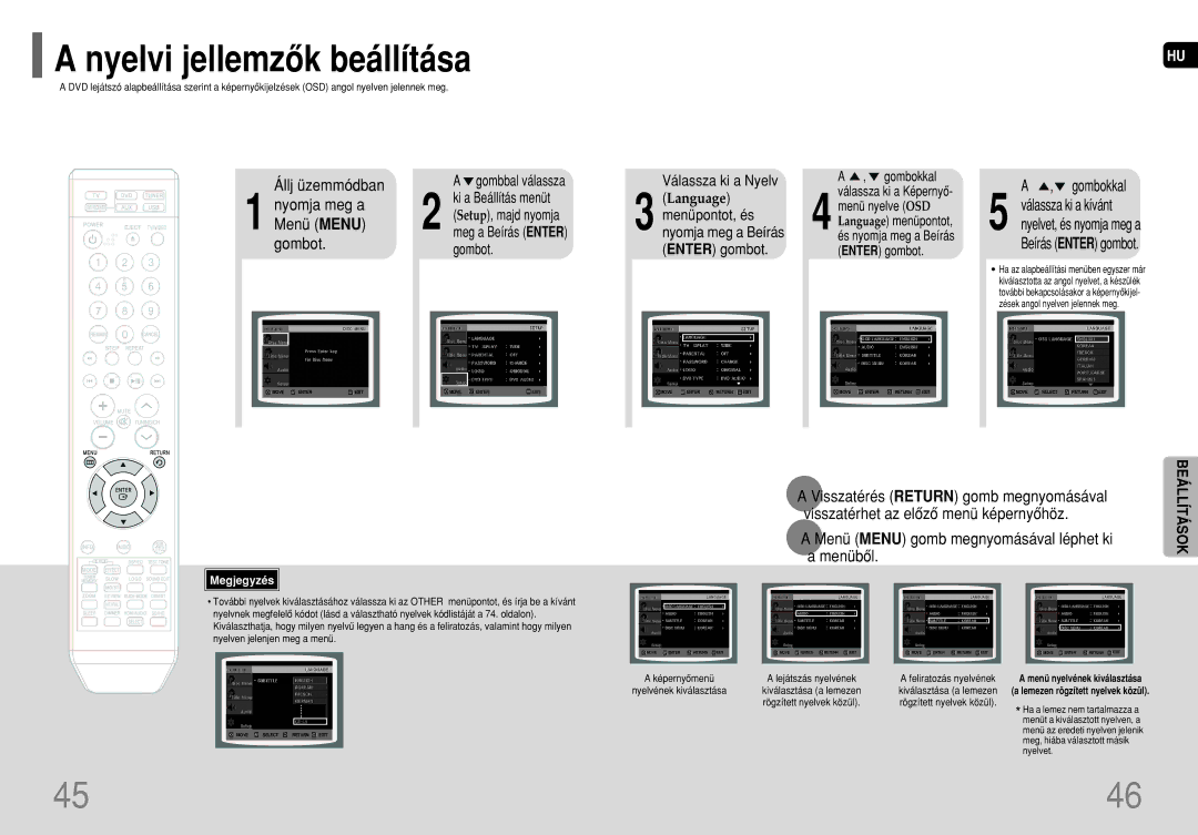 Samsung HT-XQ100R/ELS manual Nyelvi jellemzôk beállítása, Visszatérés Return gomb megnyomásával, Válassza ki a Nyelv 