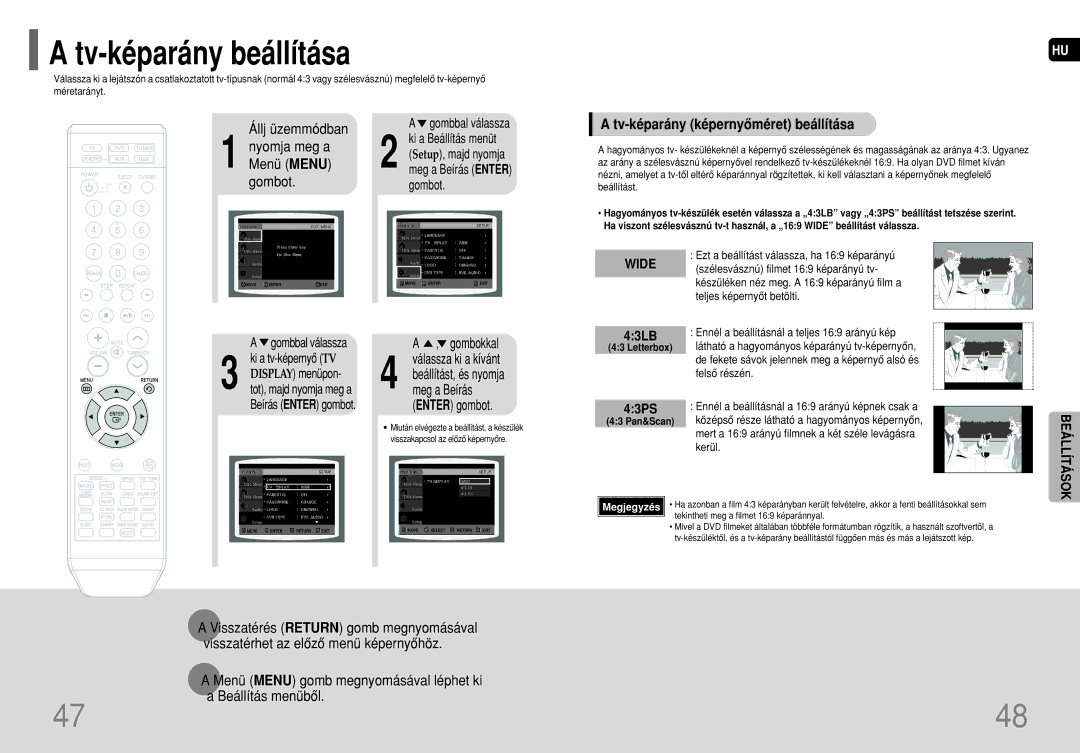 Samsung HT-XQ100T/XEF Tv-képarány beállítása, Meg a Beírás, Menü Menu gomb megnyomásával léphet ki a Beállítás menübôl 