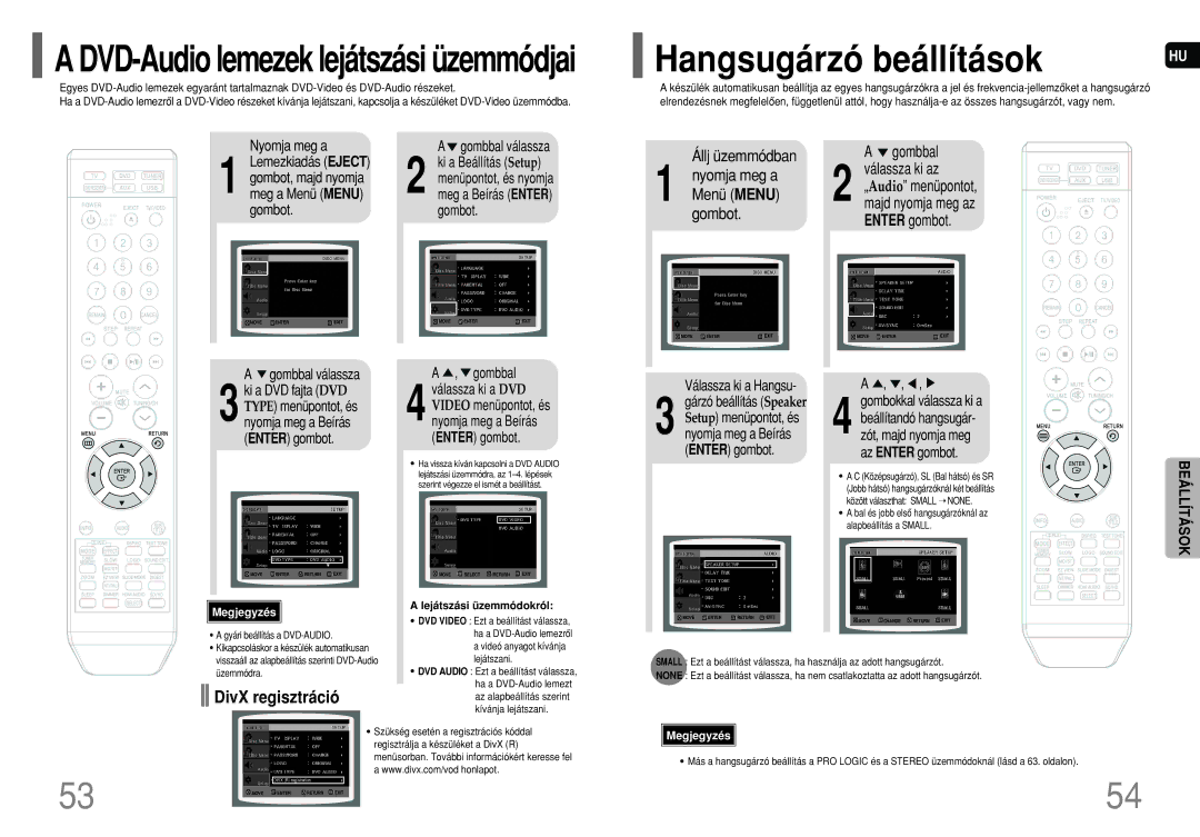 Samsung HT-XQ100T/XEC, HT-XQ100R/ELS, HT-XQ100T/XEF manual Hangsugárzó beállítások, DivX regisztráció, Gombbal válassza 