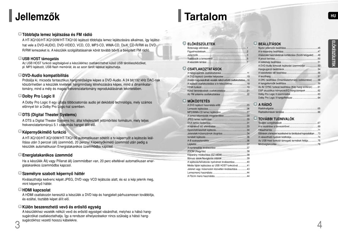 Samsung HT-XQ100T/XET, HT-XQ100R/ELS, HT-XQ100T/XEF, HT-TXQ100R/ELS, HT-XQ100T/XEC, HT-XQ100WR/ELS manual Jellemzôk, TartalomHU 