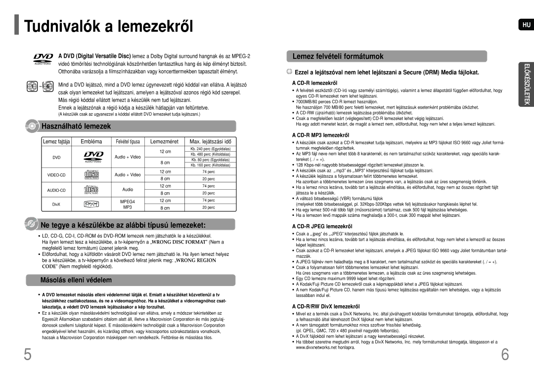 Samsung HT-XQ100T/XEC manual Tudnivalók a lemezekrôl, Használható lemezek, Ne tegye a készülékbe az alábbi típusú lemezeket 