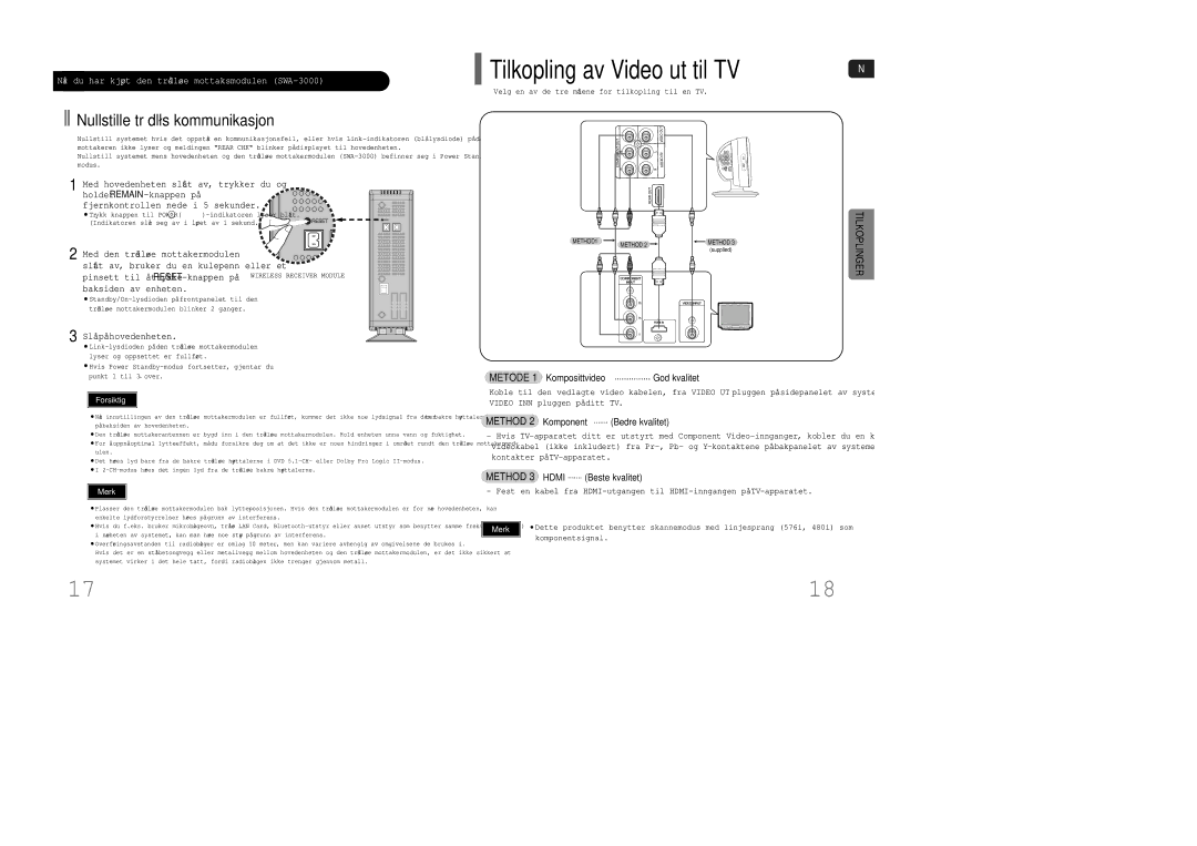 Samsung HT-XQ100WR/ELS, HT-XQ100R/ELS manual Slå på hovedenheten, Metode 1 Komposittvideo ............... God kvalitet 