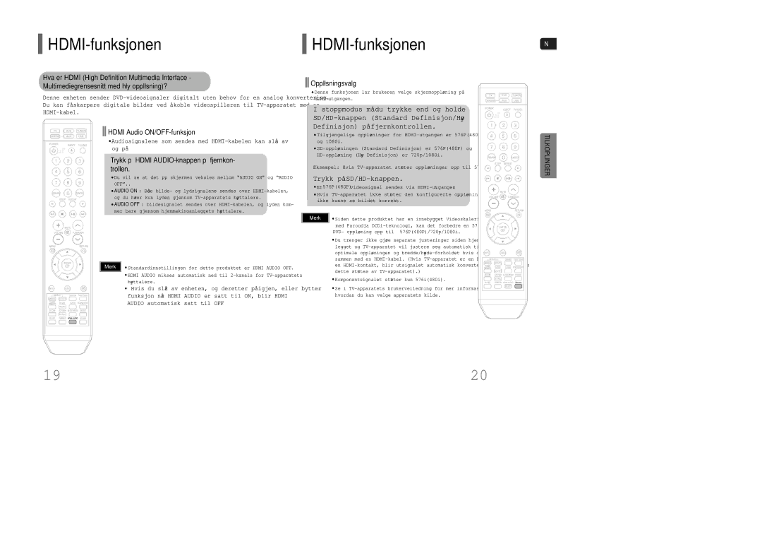 Samsung HT-XQ100T/XEE manual HDMI-funksjonen, Hdmi Audio ON/OFF-funksjon, Trykk på Hdmi AUDIO-knappen på fjernkon- trollen 